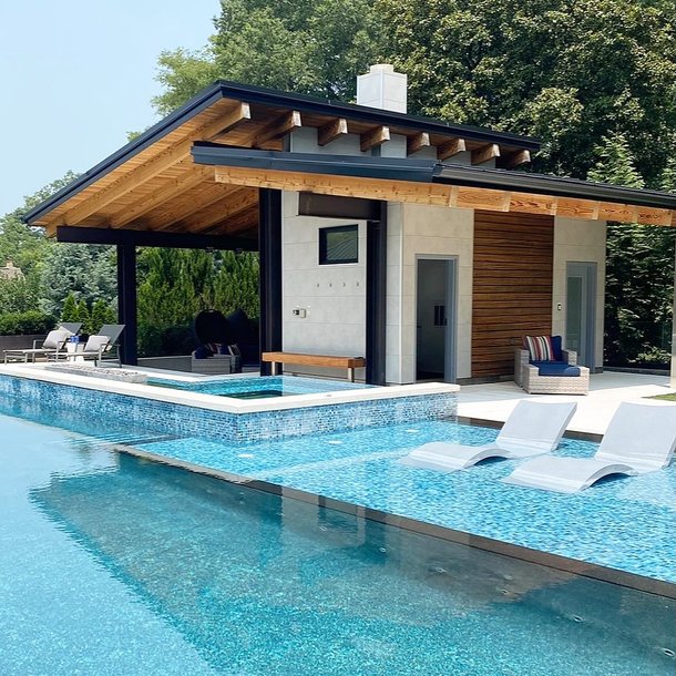 A staged poolside cabana