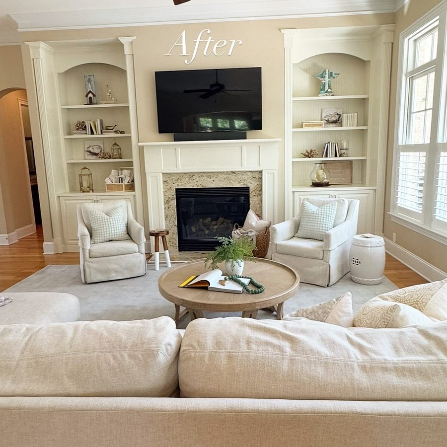 Built-ins around a fireplace, after staging