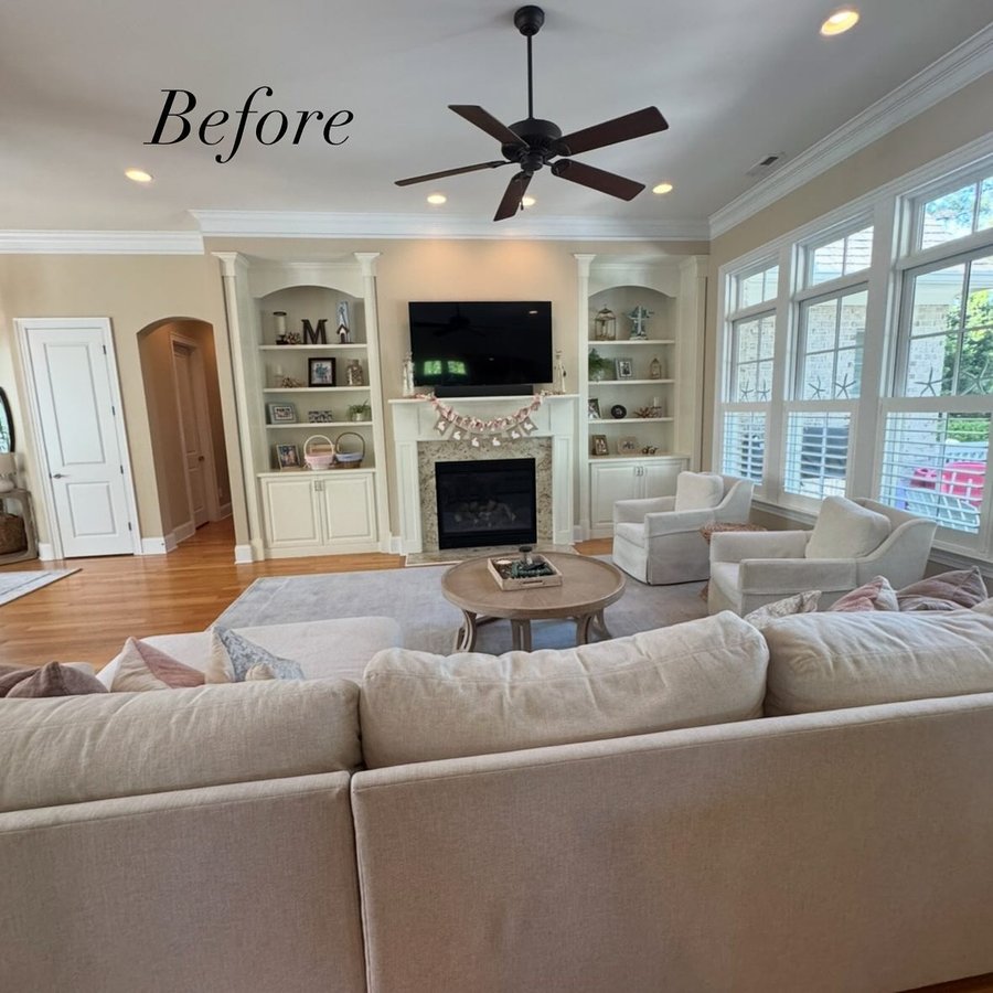 Built-ins around a fireplace, before staging