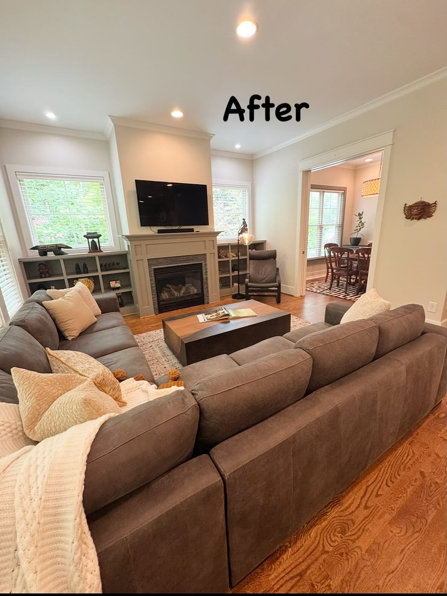 Shelves flanking a fireplace, after staging