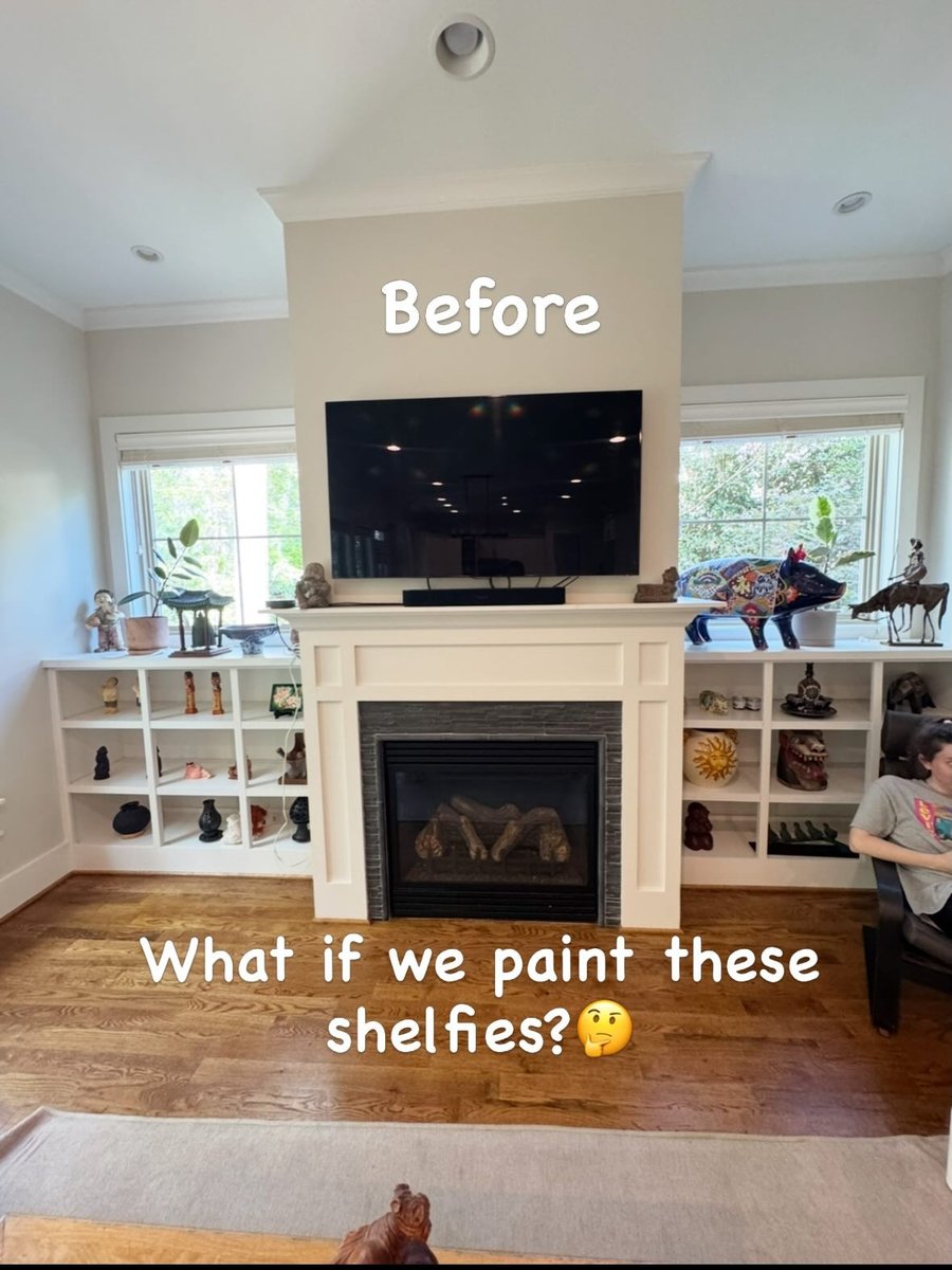 Shelves flanking a fireplace, before staging