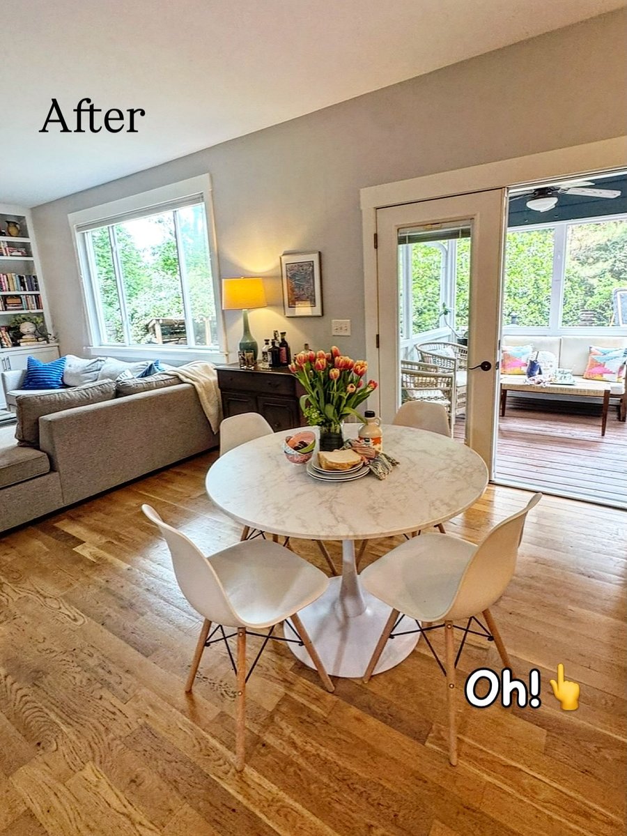 A living and dining area, after staging