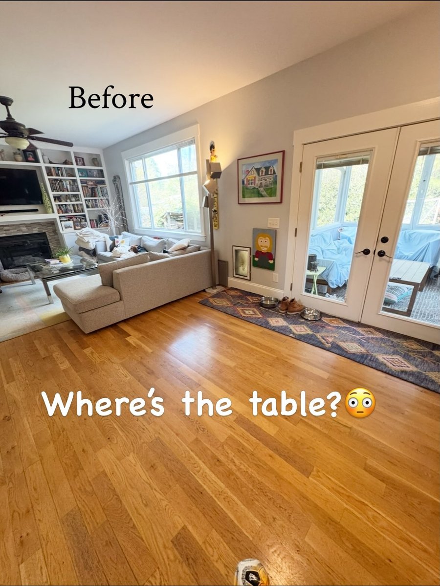 A living and dining area, before staging